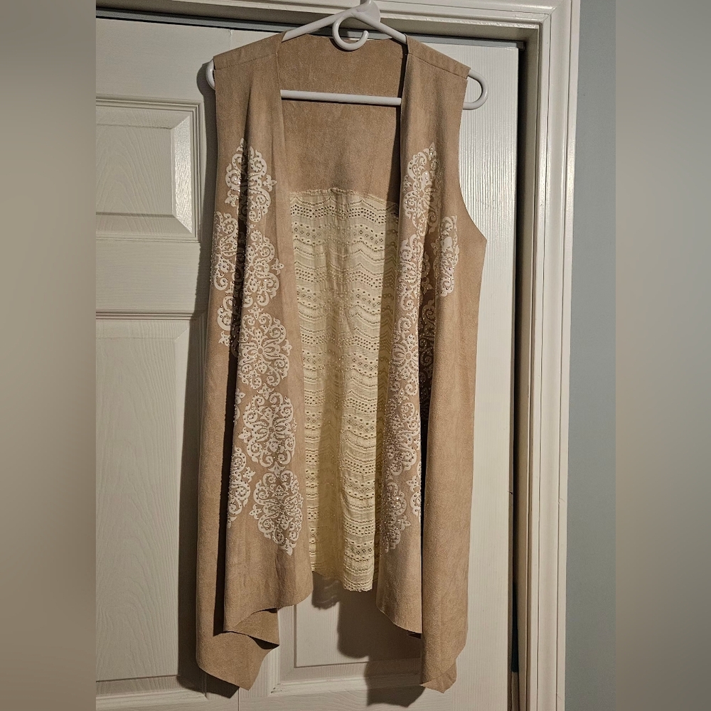Sleeveless Faux Suede Cardigan with Lace Back Boho Feminine